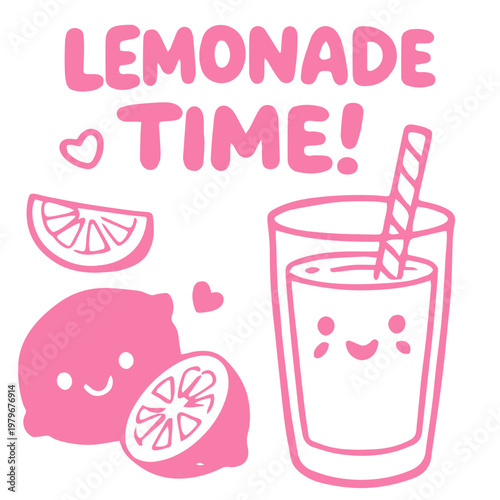Lemonade time cute drink glass with straw citrus illustration
