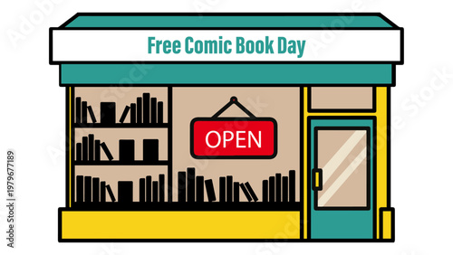 Vintage vector illustration of a sale sign on a city street building facade featuring a cartoon shop window and cafe door design for business or home market shopping