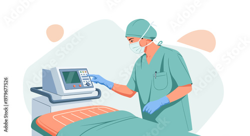 Surgeon Adjusting Medical Equipment in Operating Room