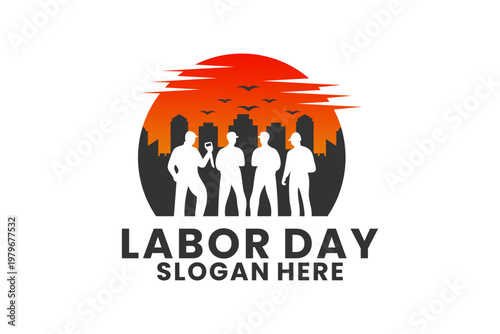 Labor Day Vector Illustration with Worker Silhouettes and Cityscape. Happy Labor Day Logo Design Icon