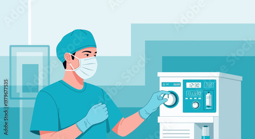 Surgeon Adjusting Medical Equipment in Operating Room