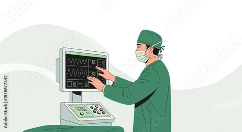 Surgeon Adjusting Medical Monitor in Operating Room