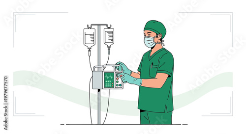Surgeon Adjusts IV Drip Machine Near Patient in Operating Room