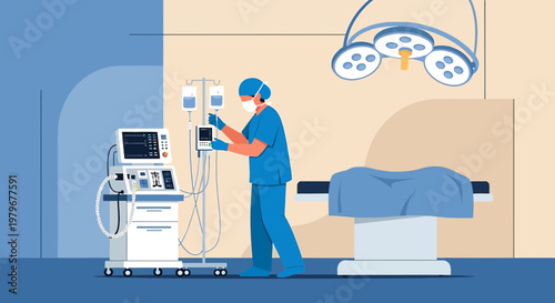 Surgeon Adjusts Medical Equipment in Modern Operating Room