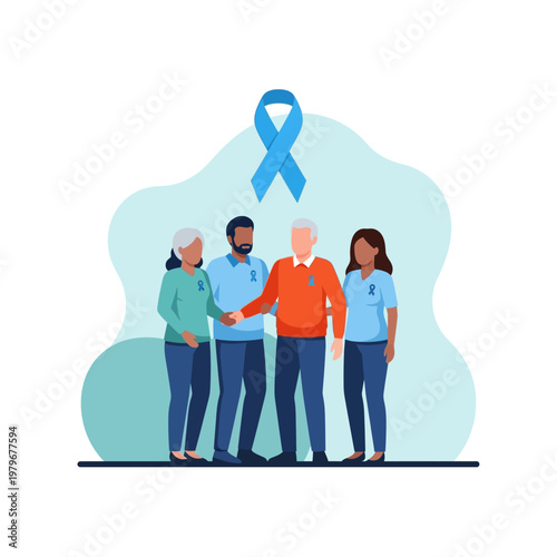 A diverse group of people stand together under a blue awareness ribbon, symbolizing support and unity for a cause.