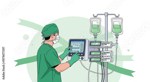 Surgeon Adjusts Medical Equipment in Operating Room with IV Drips and Monitor