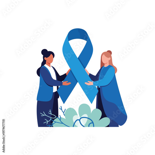 Two women holding a large blue awareness ribbon, symbolizing support and solidarity.