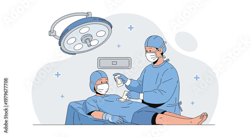 Surgeon and Patient in Operating Room with Surgical Lamp and Medical Equipment