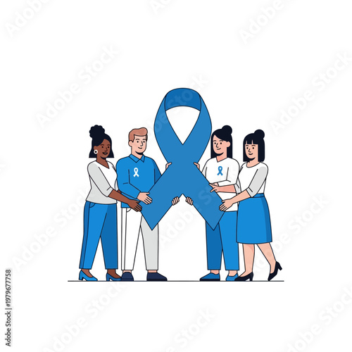 Diverse group of people holding a large blue awareness ribbon together in support of a cause.
