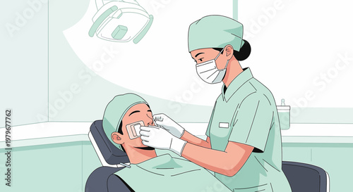 Surgeon Applying Bandage to Patient's Eye After Cosmetic Surgery in Operating Room