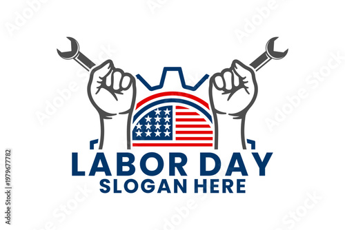 Labor Day with American Flag and Wrench Tools Logo Vector Design Template