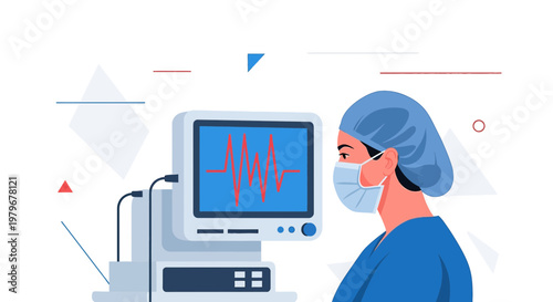 Surgeon in Mask and Cap Monitors Patient Vital Signs on ECG Machine in Operating Room