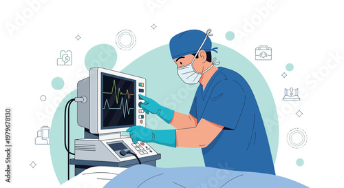 Surgeon in Mask and Gloves Monitors Patient Vital Signs on ECG Machine in Operating Room