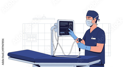 Surgeon in mask and gloves uses endoscope with monitor in operating room