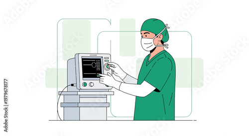 Surgeon in Mask and Scrubs Operates Medical Monitor in Operating Room