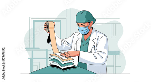 Surgeon in Mask and Scrubs Preparing Bandage for Medical Procedure