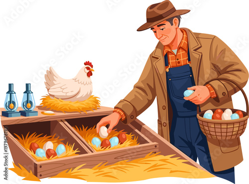 Farmer Collecting Eggs Icon Featuring Hen, Egg Basket, and Farming Tools for Agriculture, Poultry, and Rural Life Design Projects
