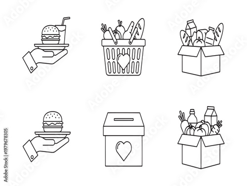 Charity and food donation line icons supporting communities with essential supplies