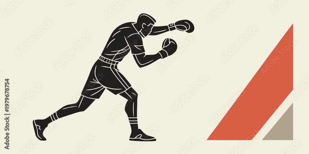 Fototapeta premium Graphic silhouette of a boxer throwing a punch with abstract geometric background elements fighting silhouette competition exercise sportsman physical minimalist illustration isolated