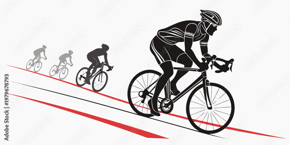 Naklejka premium Minimalist silhouette illustration of competitive cyclists in a peloton racing on a road with red speed lines on a white background silhouette competition professional training exercise