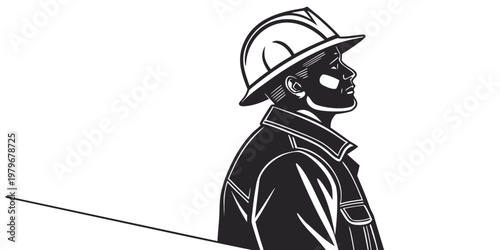 Minimalist graphic silhouette of a construction worker wearing a safety hard hat looking up with construction engineer silhouette industrial professional protection engineering technician