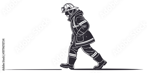 Minimalist black and white graphic of a firefighter walking forward in protective gear with firefighter emergency silhouette protective clothing equipment professional minimalist
