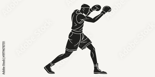 Black and white silhouette illustration of a male boxer in a defensive stance wearing boxing gloves and athletic gear on a plain background with silhouette athletic training exercise