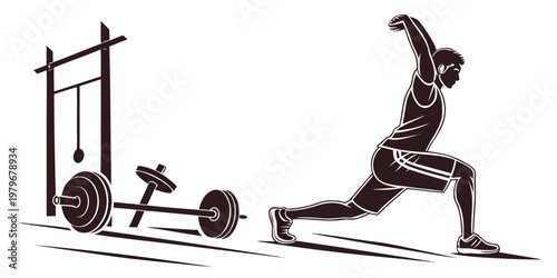 Vector illustration of an athlete stretching in a lunge position with barbell and gym equipment silhouettes representing workout preparation and physical fitness training stretching silhouette