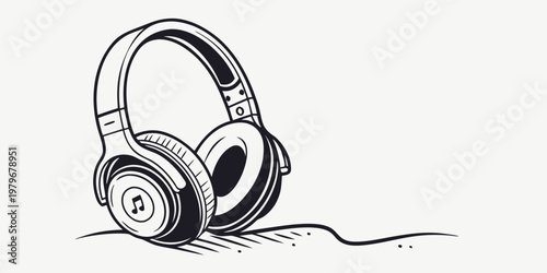 Hand-drawn sketch illustration of over-ear headphones with a musical note symbol on the ear cup and a winding audio cable, isolated on a white background, representing sound and listening