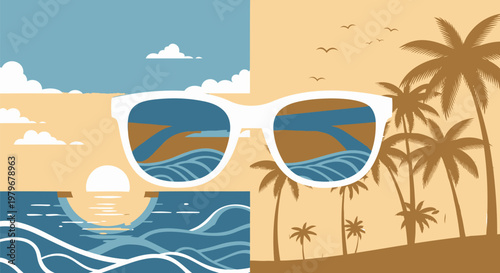 Summer vacation, beach, sunglasses, tropical getaway, vector icons