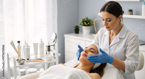 Woman receiving facial skincare treatment at a beauty salon. Esthetician in blue gloves applying cosmetic patch to client face in spa clinic. Wellness and dermatology concept