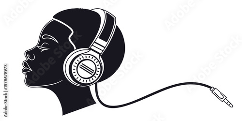 Minimalist black and white silhouette illustration of a person's head wearing over-ear headphones with a connected audio jack, symbolizing music listening and personal sound experience, line art