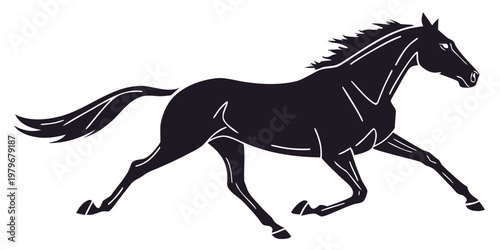 Graphic illustration of a black silhouette horse galloping with galloping silhouette isolated movement equestrian strength blackandwhite majestic creature thoroughbred stallion