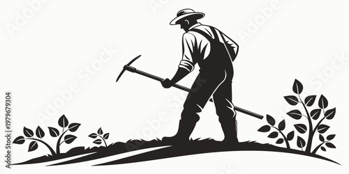 Silhouette graphic of a farmer working the land with a pickaxe among plants farming equipment gardener silhouette manual labor silhouette art farming icon silhouette agriculture gardener