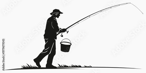 Silhouette illustration of a man fishing by the shore with fishing rod fishing line catch fish angler man black white fisherman silhouette relaxing recreation activity vacation