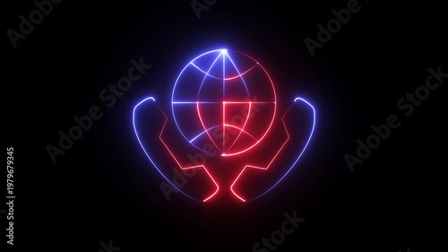 A neon-style graphic depicting a globe with two handset icons on each side animates handsets. 4k motion videos on a black background. 