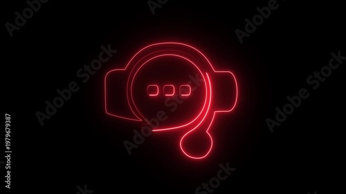 a red neon sign of a communication icon, specifically headphones with a microphone paired with a speech bubble. 4k motion videos