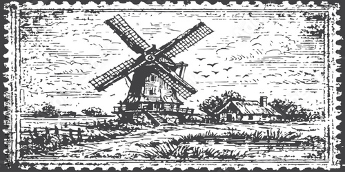 A historic 1981 Finnish postage stamp featuring a traditional windmill set against a rural landscape where old architecture meets natural energy under a vast sky