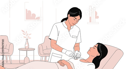 Nurse Administers Injection to Patient Lying Down, Medical Procedure Illustration
