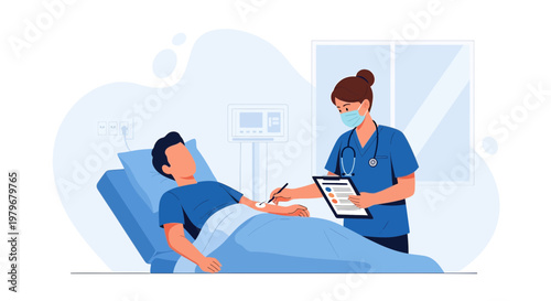 Nurse Administers IV Drip to Patient in Hospital Bed, Medical Care Concept