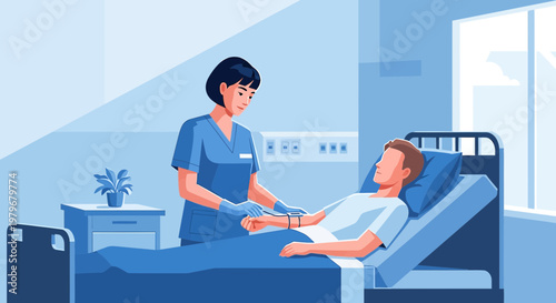 Nurse Administers IV Drip to Patient in Hospital Bed, Medical Care Concept
