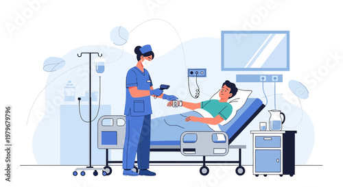 Nurse Administers IV Drip to Patient in Hospital Room, Medical Care Concept