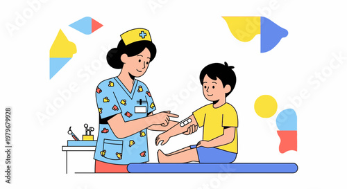 Nurse applying bandage to child's arm after vaccination in clinic, healthcare concept