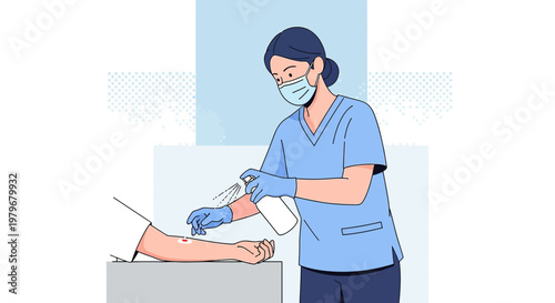 Nurse Applying Antiseptic Spray to Patient's Arm Before Injection or Blood Draw