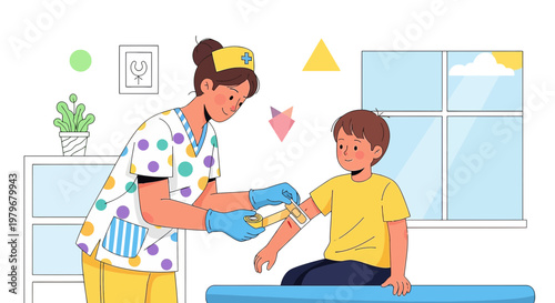 Nurse applying bandage to child's arm in clinic, healthcare concept