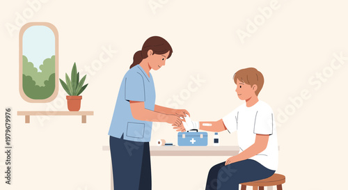 Nurse applying bandage to child's arm, first aid kit on table, home healthcare concept