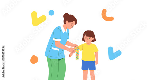 Nurse applying bandage to child's arm, medical care, healthcare, children's health, first aid