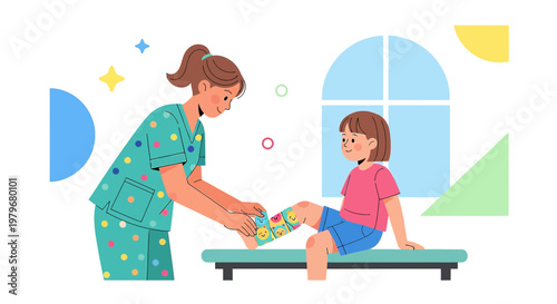 Nurse Applying Bandage to Child's Leg After Medical Procedure