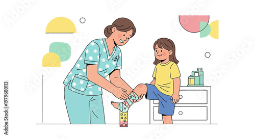 Nurse applying bandage to child's leg in clinic, medical care illustration