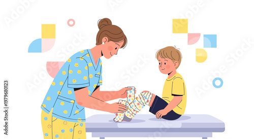 Nurse applying bandage to child's leg in clinic, healthcare, medical treatment, pediatric care